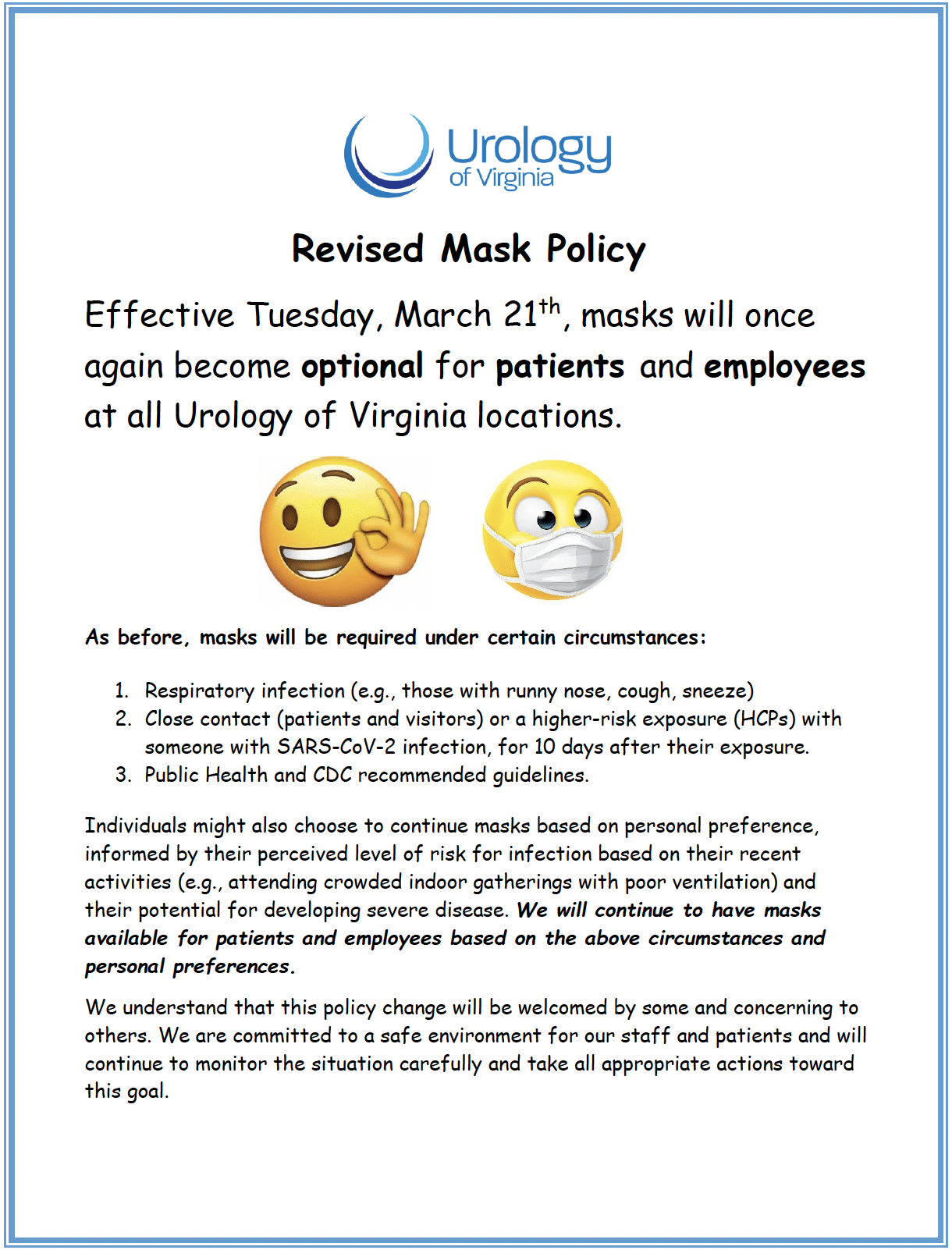 Revised Mask Policy Urology of Virginia